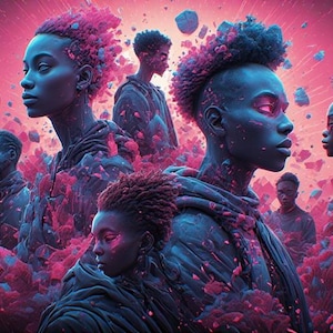 May include: Digital art featuring multiple figures with dark skin tones, rendered in shades of blue and pink. The figures are surrounded by abstract, cloud-like formations, creating a surreal and vibrant composition. The overall theme is futuristic and artistic.