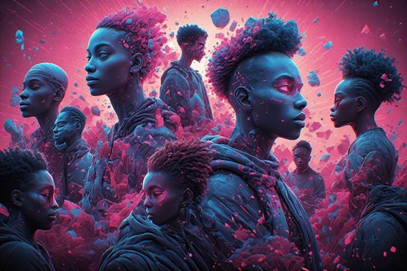 May include: Digital art featuring multiple figures with dark skin tones, rendered in shades of blue and pink. The figures are surrounded by abstract, cloud-like formations, creating a surreal and vibrant composition. The overall theme is futuristic and artistic.