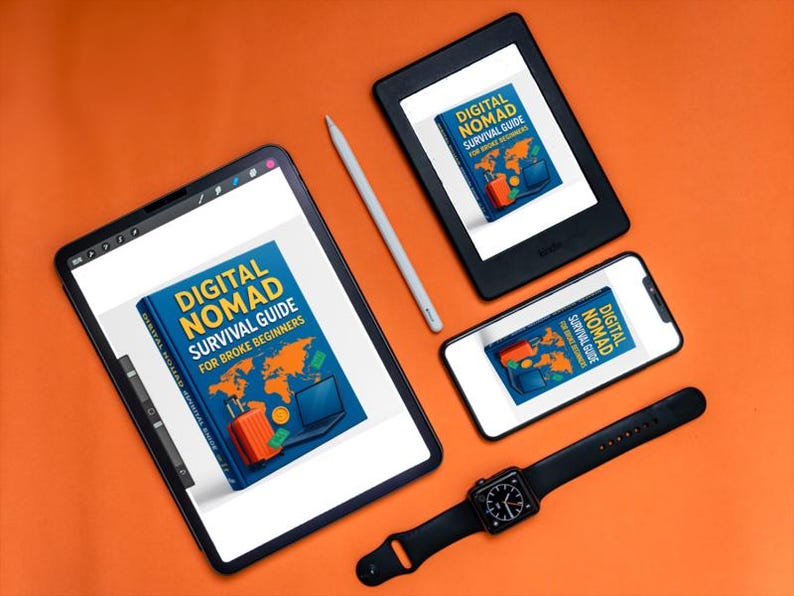 Op de afbeelding: Op een oranje achtergrond staan een tablet, e-reader, smartphone en smartwatch. Elk apparaat toont het boek "Digital Nomad Survival Guide for Broke Beginners". Een stylus ligt naast de tablet. De boekomslag toont een wereldkaart, koffer en laptop.