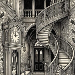 May include: A black and white ink illustration of a grand foyer featuring a tall grandfather clock with the text Tempus Fugit on its face, a curved staircase with ornate railings, a chandelier, and wallpaper patterned with skulls and ravens.