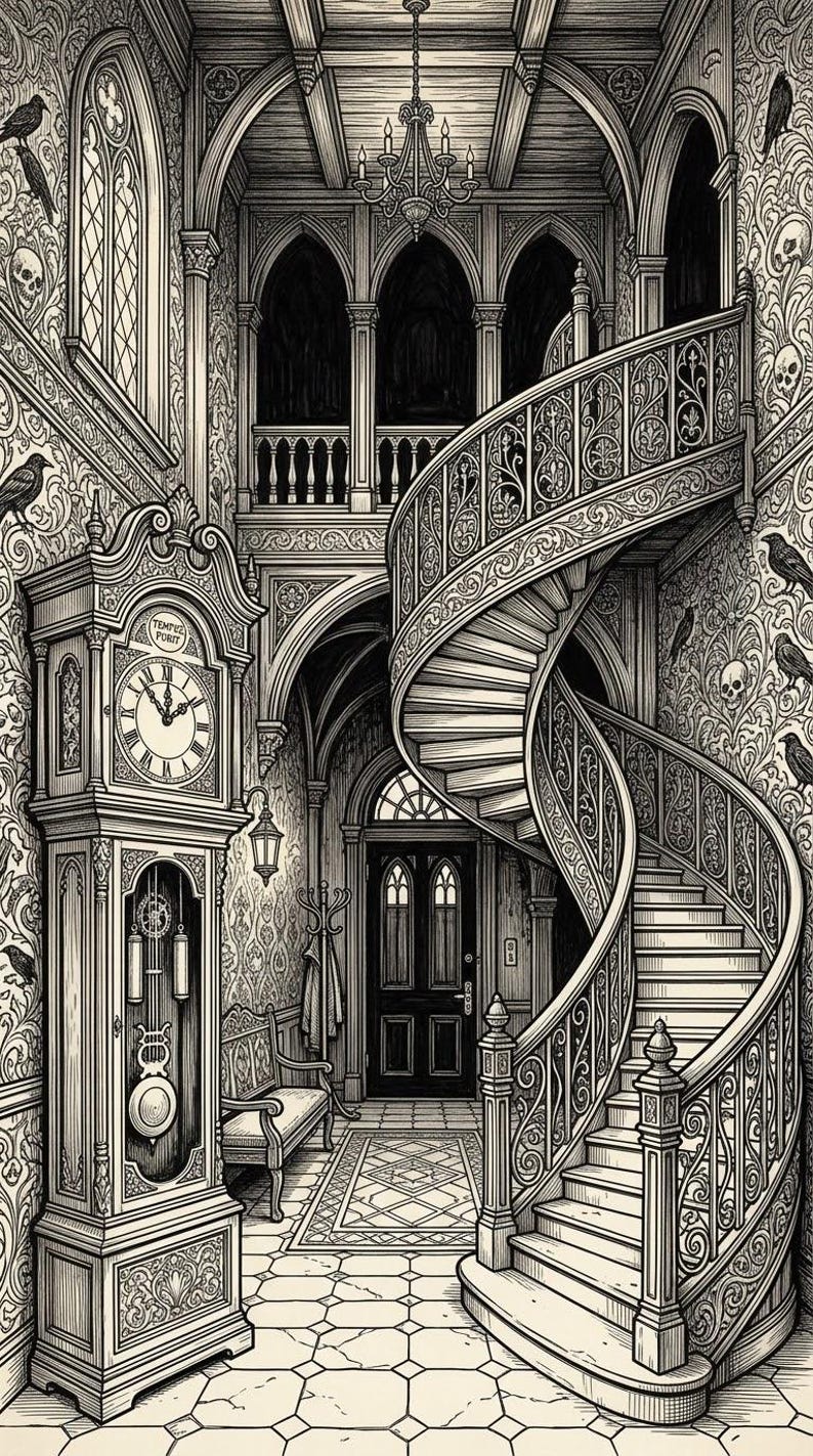May include: A black and white ink illustration of a grand foyer featuring a tall grandfather clock with the text Tempus Fugit on its face, a curved staircase with ornate railings, a chandelier, and wallpaper patterned with skulls and ravens.