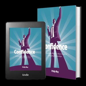 May include: A black Kindle e-reader and a hardcover book. Both feature the title "Confidence" with an illustration of a man in a suit. The book's cover has a teal background with white rays emanating from behind the figure.