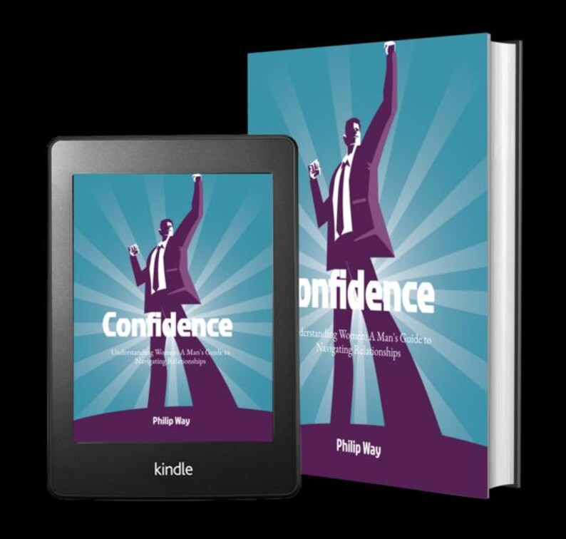 May include: A black Kindle e-reader and a hardcover book. Both feature the title "Confidence" with an illustration of a man in a suit. The book's cover has a teal background with white rays emanating from behind the figure.