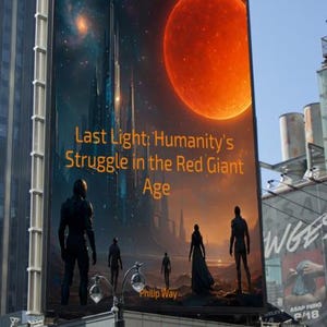 May include: A billboard displays the book cover for "Last Light: Humanity's Struggle in the Red Giant Age" by Philip Way. The artwork features figures silhouetted against a futuristic cityscape, a large red planet, and a starry sky. The billboard is mounted on a building.