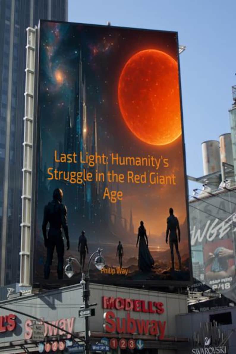 May include: A billboard displays the book cover for "Last Light: Humanity's Struggle in the Red Giant Age" by Philip Way. The artwork features figures silhouetted against a futuristic cityscape, a large red planet, and a starry sky. The billboard is mounted on a building.