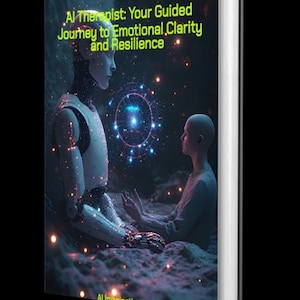 May include: A book cover with the title "AI Therapist: Your Guided Journey to Emotional Clarity and Resilience." The cover art depicts a futuristic scene with an AI robot and a person in a meditative pose, with glowing digital elements. The book is from AI Imagination Lab.