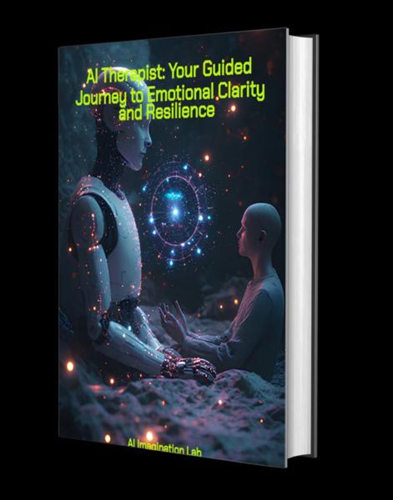 May include: A book cover with the title "AI Therapist: Your Guided Journey to Emotional Clarity and Resilience." The cover art depicts a futuristic scene with an AI robot and a person in a meditative pose, with glowing digital elements. The book is from AI Imagination Lab.