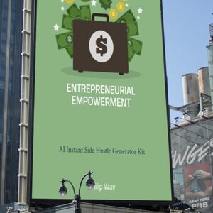 May include: A large billboard features a brown briefcase with a dollar sign, surrounded by money and coins, set against a green backdrop. The text reads "ENTREPRENEURIAL EMPOWERMENT" and "AI Instant Side Hustle Generator Kit."