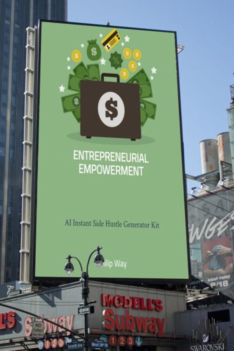 May include: A large billboard features a brown briefcase with a dollar sign, surrounded by money and coins, set against a green backdrop. The text reads "ENTREPRENEURIAL EMPOWERMENT" and "AI Instant Side Hustle Generator Kit."