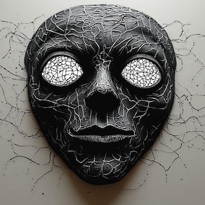 May include: A black mask with a cracked texture and white, web-like patterns. The eyes are white with a cracked design. Black lines and splatters emanate from the mask, creating a dramatic effect.