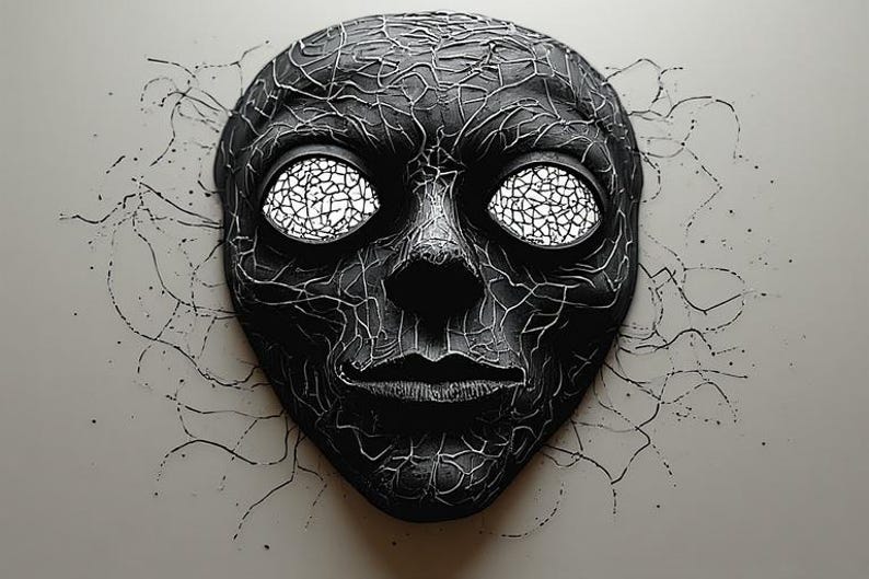May include: A black mask with a cracked texture and white, web-like patterns. The eyes are white with a cracked design. Black lines and splatters emanate from the mask, creating a dramatic effect.