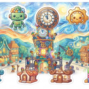 Puede incluir: Una colorida ilustraci&oacute;n de una plaza con una torre de reloj central con el texto Magic Time, rodeada de peque&ntilde;os edificios, una gr&uacute;a y varios personajes. Los iconos flotantes incluyen un ladrillo rojo, un robot verde, un engranaje y un robot azul.