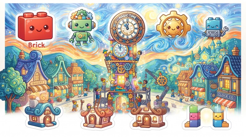 Puede incluir: Una colorida ilustraci&oacute;n de una plaza con una torre de reloj central con el texto Magic Time, rodeada de peque&ntilde;os edificios, una gr&uacute;a y varios personajes. Los iconos flotantes incluyen un ladrillo rojo, un robot verde, un engranaje y un robot azul.