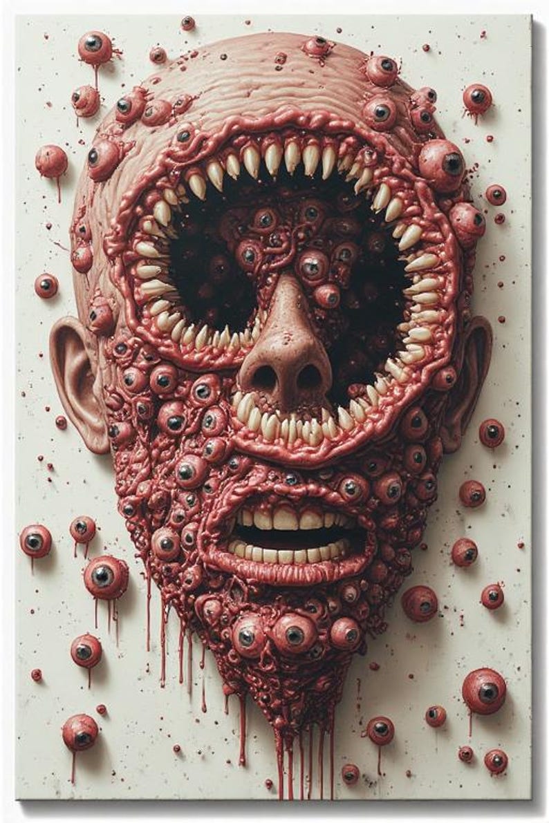 Puede incluir: Una obra de arte grotesca y surrealista que representa un rostro humano con dientes expuestos y numerosos globos oculares. El rostro est&aacute; representado en tonos rojos y rosas, con una apariencia carnosa y texturizada. La obra est&aacute; montada sobre un fondo blanco.