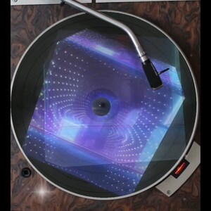 May include: A vintage turntable with a record playing. The record is a blue and purple holographic design with a swirling pattern. The turntable is made of wood and has a silver tone.