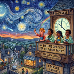 Puede incluir: Una torre de reloj etiquetada como Blockville muestra a cinco ni&ntilde;os en un balc&oacute;n sosteniendo tazas bajo un cielo estrellado. El texto dice: An exciting discovery for the whole family! Join us for a peek & all our new creations. Blockville Chronicle y New Explorers.