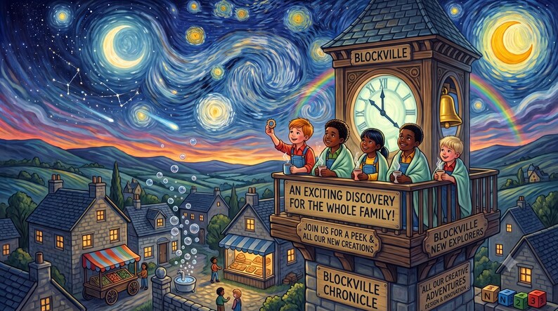 Puede incluir: Una torre de reloj etiquetada como Blockville muestra a cinco ni&ntilde;os en un balc&oacute;n sosteniendo tazas bajo un cielo estrellado. El texto dice: An exciting discovery for the whole family! Join us for a peek & all our new creations. Blockville Chronicle y New Explorers.