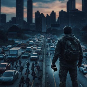 May include: A person wearing a dark hooded jacket and a backpack stands on a motorway overlooking a congested city road filled with cars and pedestrians walking between vehicles during twilight, holding a small black rectangular device in one hand.