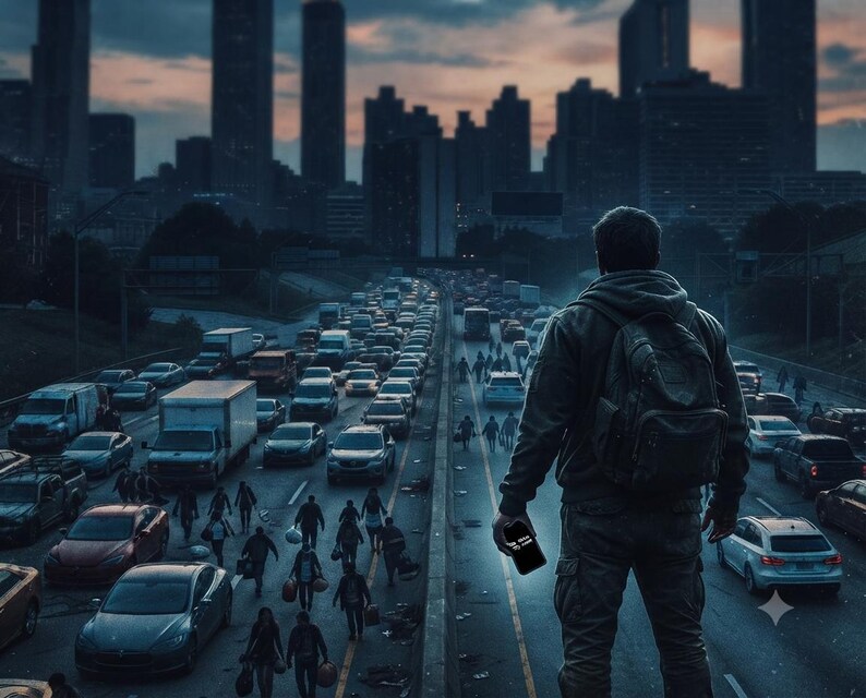May include: A person wearing a dark hooded jacket and a backpack stands on a motorway overlooking a congested city road filled with cars and pedestrians walking between vehicles during twilight, holding a small black rectangular device in one hand.