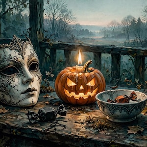 May include: A white and gold ornate masquerade mask with feathers, a carved orange jack-o'-lantern with a lit candle, a ceramic bowl containing a wrapped candy, a single black wrapped candy, and a lit candle in a brass holder.