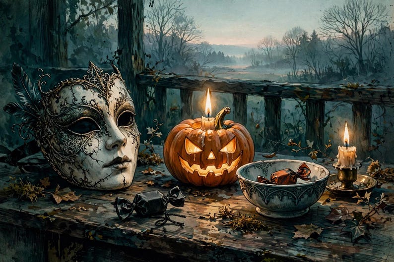 May include: A white and gold ornate masquerade mask with feathers, a carved orange jack-o'-lantern with a lit candle, a ceramic bowl containing a wrapped candy, a single black wrapped candy, and a lit candle in a brass holder.