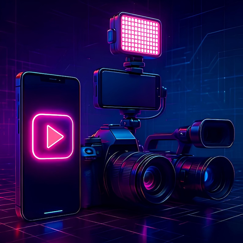 May include: A smartphone with a glowing pink play button icon next to a professional video camera setup. The camera has a light panel and a mounted phone. The scene is bathed in blue and purple neon light.