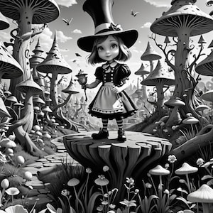 K&ouml;nnte beinhalten: Eine Schwarzwei&szlig;illustration eines M&auml;dchens, das einen Zylinder und ein Kleid tr&auml;gt und auf einem Pilz in einem Wald aus riesigen Pilzen steht.