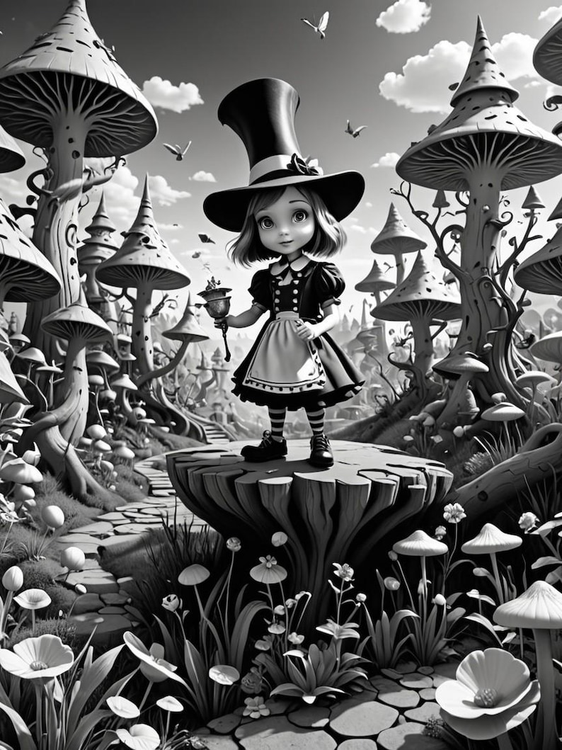 K&ouml;nnte beinhalten: Eine Schwarzwei&szlig;illustration eines M&auml;dchens, das einen Zylinder und ein Kleid tr&auml;gt und auf einem Pilz in einem Wald aus riesigen Pilzen steht.