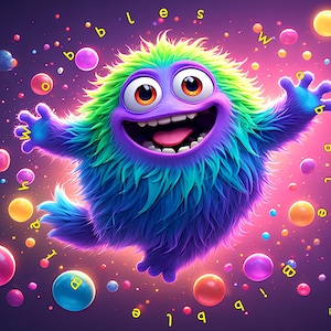 Op de afbeelding: Een kleurrijk cartoonmonster met een brede grijns en uitgestrekte armen. Het monster is bedekt met blauwe, paarse en groene vacht, omringd door zwevende bellen in verschillende kleuren. Het woord "bubbles" is in het geel geschreven.