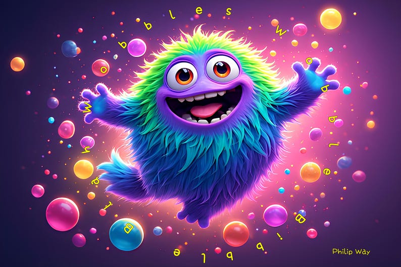 Op de afbeelding: Een kleurrijk cartoonmonster met een brede grijns en uitgestrekte armen. Het monster is bedekt met blauwe, paarse en groene vacht, omringd door zwevende bellen in verschillende kleuren. Het woord "bubbles" is in het geel geschreven.