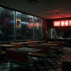 May include: A dimly lit fast food restaurant interior featuring rows of orange vinyl booths and square tables on a black and white chequered floor. A large window reveals a colourful indoor playground structure. A glowing red menu board displays food items.