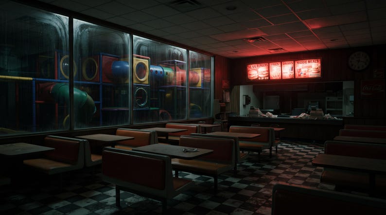 May include: A dimly lit fast food restaurant interior featuring rows of orange vinyl booths and square tables on a black and white chequered floor. A large window reveals a colourful indoor playground structure. A glowing red menu board displays food items.
