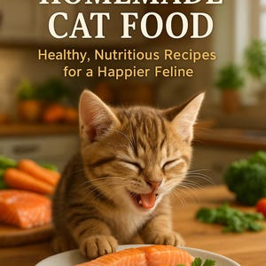 Puede incluir: Un gatito atigrado sonriente con la boca abierta, junto a un plato de comida. El plato contiene salmón, guisantes, zanahorias y pollo. El texto de la imagen dice: "THE ULTIMATE GUIDE TO HOMEMADE CAT FOOD".