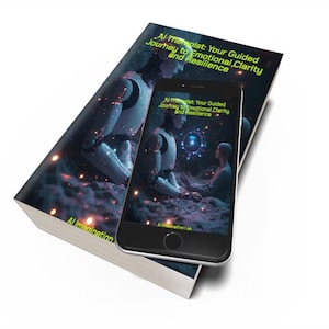 May include: A book and a smartphone with the same cover art. The book and phone display the title "AI Therapist: Your Guided Journey to Emotional Clarity and Resilience." The cover art features a futuristic robot and a person meditating.