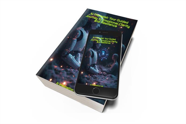 May include: A book and a smartphone with the same cover art. The book and phone display the title "AI Therapist: Your Guided Journey to Emotional Clarity and Resilience." The cover art features a futuristic robot and a person meditating.