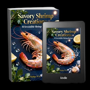 May include: A cookbook titled "Savory Shrimp Creations" with a large image of a cooked shrimp, lemon slices, and herbs. The book is next to a Kindle e-reader displaying the same cover art. The Kindle is black.