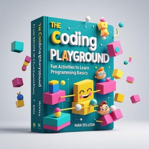 Pode incluir: Um livro de capa dura azul-petr&oacute;leo intitulado The Coding Playground: Fun Activities to Learn Programming Basics de Hian Selleon. A capa apresenta ilustra&ccedil;&otilde;es 3D de cubos coloridos, esferas e dois personagens.