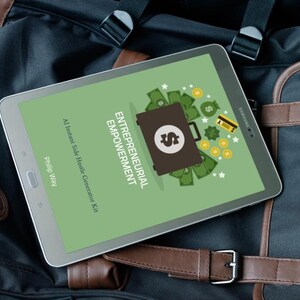 May include: A silver tablet showing a green screen with the words "ENTREPRENEURIAL EMPOWERMENT" and a briefcase graphic surrounded by money and coins. The tablet is on a black and brown bag with a leather strap.