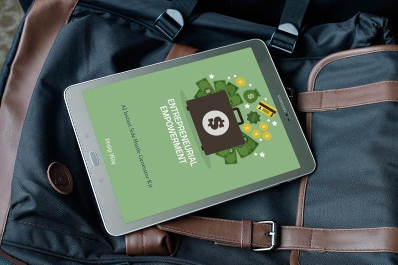 May include: A silver tablet showing a green screen with the words "ENTREPRENEURIAL EMPOWERMENT" and a briefcase graphic surrounded by money and coins. The tablet is on a black and brown bag with a leather strap.