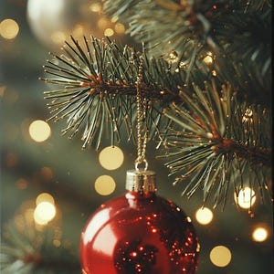 May include: A close-up of a Christmas tree branch with a shiny red ornament hanging from a gold chain. The ornament reflects the surrounding lights. The background is blurred with bokeh lights, creating a festive holiday scene.