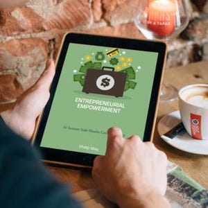 May include: A tablet screen shows the book cover "Entrepreneurial Empowerment." The design includes a briefcase with a dollar sign, money, and a credit card. A lit candle and a coffee cup are on the table.