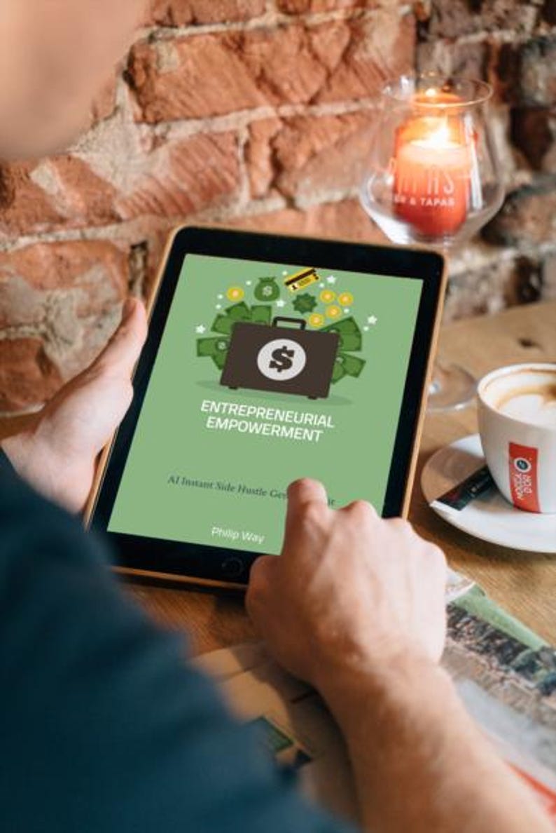 May include: A tablet screen shows the book cover "Entrepreneurial Empowerment." The design includes a briefcase with a dollar sign, money, and a credit card. A lit candle and a coffee cup are on the table.