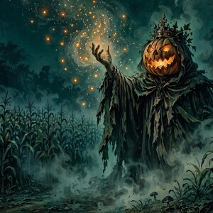 May include: A figure with a glowing jack-o'-lantern head wearing a dark, tattered hooded cloak and a crown, standing in a misty cornfield at night. The figure reaches out a hand toward a swirling cluster of golden, sparkling light particles.