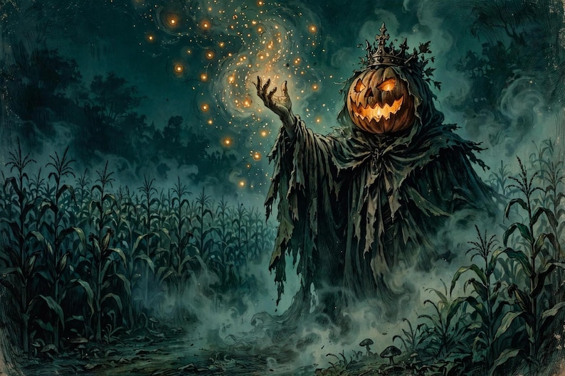 May include: A figure with a glowing jack-o'-lantern head wearing a dark, tattered hooded cloak and a crown, standing in a misty cornfield at night. The figure reaches out a hand toward a swirling cluster of golden, sparkling light particles.