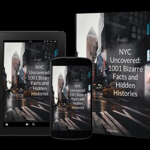 May include: An image featuring a book, a tablet, and a smartphone, all displaying the cover of "NYC Uncovered: 1001 Bizarre Facts and Hidden Histories." The cover art depicts a rainy New York City street scene. The book is on the right.