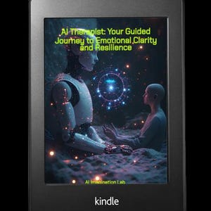 May include: A Kindle e-reader displays the cover of a book titled "AI Therapist: Your Guided Journey to Emotional Clarity and Resilience." The cover art features a futuristic scene with an AI figure and a person, with the text "AI Imagination Lab" and "kindle" visible.