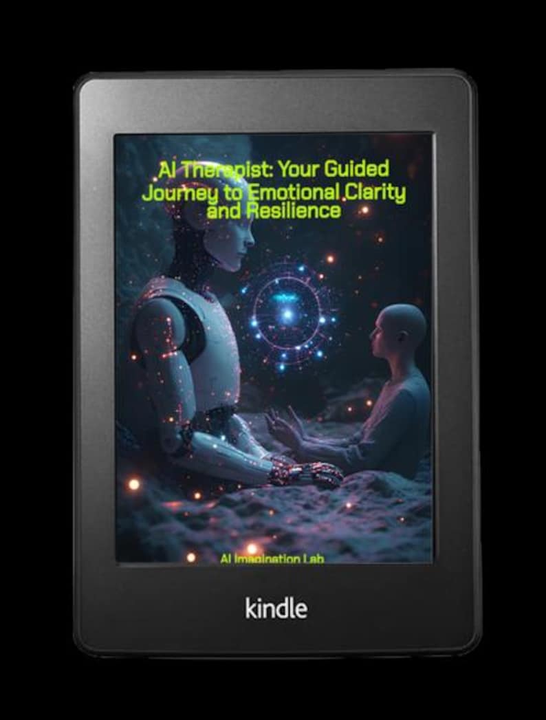 May include: A Kindle e-reader displays the cover of a book titled "AI Therapist: Your Guided Journey to Emotional Clarity and Resilience." The cover art features a futuristic scene with an AI figure and a person, with the text "AI Imagination Lab" and "kindle" visible.