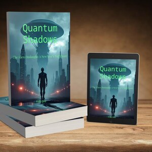 May include: A stack of books and a tablet displaying the cover of "Quantum Shadows." The cover art features a silhouetted figure walking toward a city skyline under a UFO. The title is in green, with the tagline "The Alien Onslaught: A New Year's Nightmare."