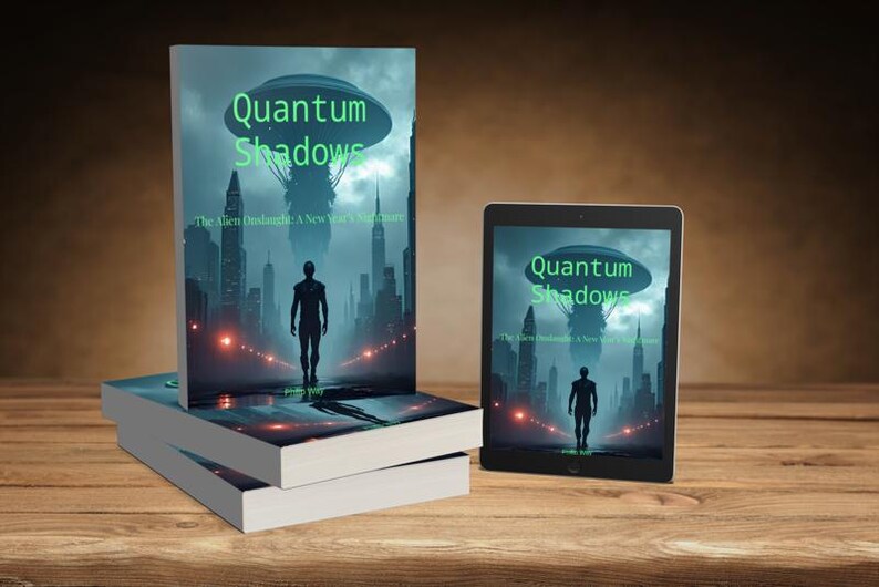 May include: A stack of books and a tablet displaying the cover of "Quantum Shadows." The cover art features a silhouetted figure walking toward a city skyline under a UFO. The title is in green, with the tagline "The Alien Onslaught: A New Year's Nightmare."