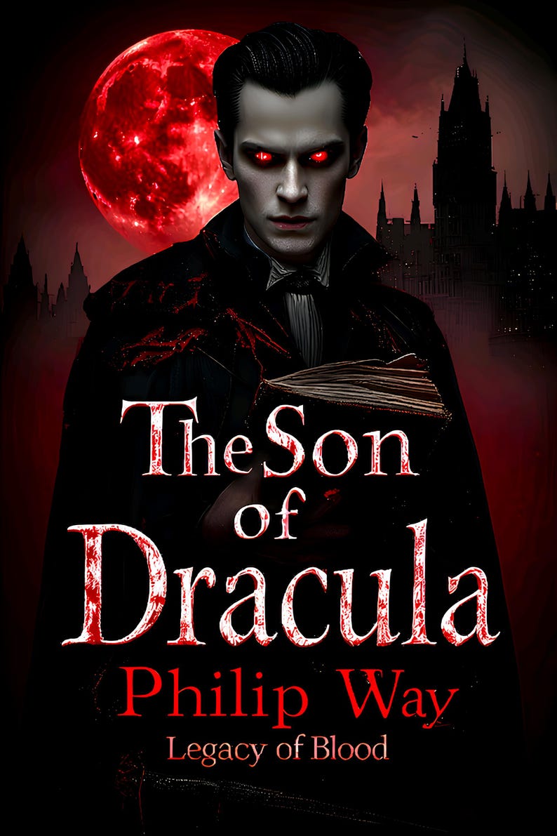 May include: Book cover for "The Son of Dracula" by Philip Way. A man with red eyes and dark hair is centered, holding a book. A red moon and a silhouette of a castle are in the background. The title and author's name are in red.